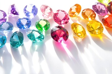 Fototapeta premium A dazzling array of colorful gemstones sparkle on a bright white background, creating a visually appealing display.