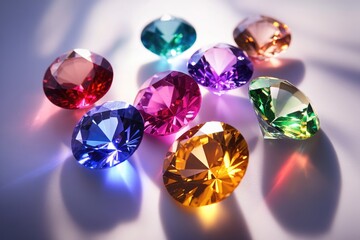 A dazzling display of vibrant, faceted gemstones scatters light, showcasing their clarity and brilliance on a pristine white surface, creating an enchanting allure.