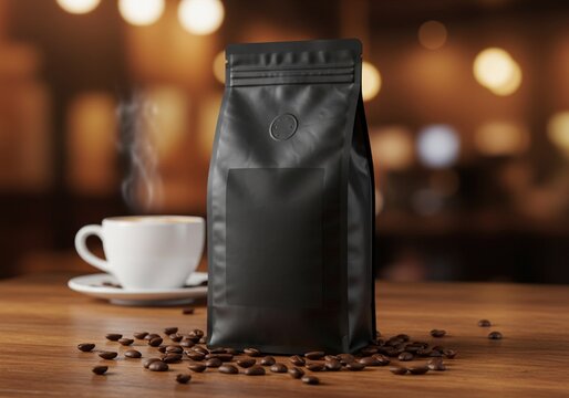 Black Coffee Bag Mockup with Steaming Cup and Beans on Wooden Table - Beverage Branding and Cafe Scene