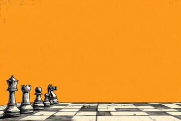 Minimalist artwork of chess pawns advancing toward the edge of the board with empty space ahead, evoking challenge, future, direction, goals and strategic decisions.