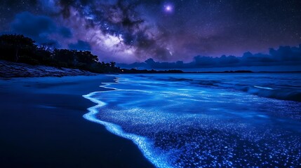 Nighttime beach scene with bioluminescent water and starry sky.
