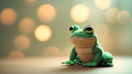 Adorable Green Frog Plush Toy Sitting on a Wooden Floor with Bokeh Background
