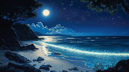 Luminous night seascape with full moon and stars.