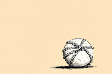 Abstract illustration of a wrapped ball held back by cords, symbolizing containment, frustration, limitation, personal struggle and internal conflict in modern design.