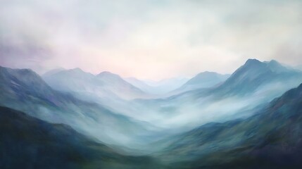 Misty mountain range vista in soft hues.