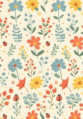 Delicate Floral Arrangement with Retro Flair: A Hand-Drawn Botanical Pattern Showcasing Artistic Blooms and Intricate Leaf Details for Textile or Wallpaper Design