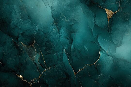 Deep teal and gold marbled surface with dramatic veining.  Intricate patterns of dark teal, and gold highlights create a visually striking texture
