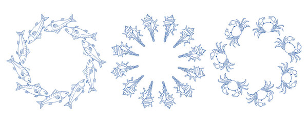 Decorative marine patterns featuring fish, sea creatures, and crustaceans in blue tones