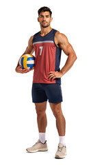 Male Indian athlete holding volleyball with with confident, isolated background