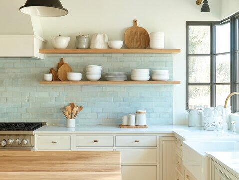 A kitchen with a blue tile backsplash and white cabinets. A wooden counter top with a bowl of utensils on it. A window with a view of the outside. A white sink with a faucet