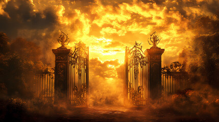 Golden gates to heaven, celestial sunrise. [Corroded Realms] | Bronze Temples | ancient sanctum. Illustration