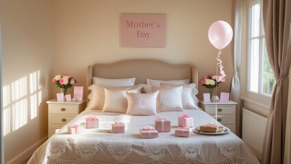 Mother's Day Bedroom Decor Ideas, Cozy Bedroom Gift Setup, Elegant Floral Bed Decoration