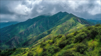 Naklejka premium A verdant mountain range stretches skyward beneath a blanket of moody clouds, its slopes adorned with vibrant greenery in a picturesque landscape view.
