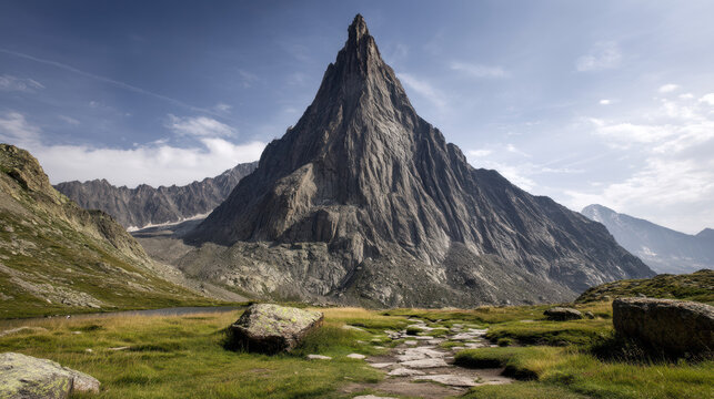 Majestic mountain peak rises ly against a blue sky, framed by green meadows, rocky terrain, and distant mountains, in this beautiful alpine landscape scene.