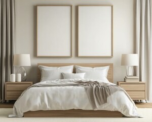 A white bed with a white comforter and pillows. The bed is in a room with two white framed pictures on the wall. There are two lamps on the bedside tables