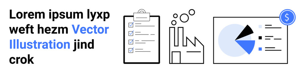 Checklist on clipboard, factory building with bubbles indicating production, pie chart with financial elements. Ideal for business, planning, management, production, finance, analytics simple