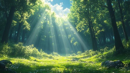 Obraz premium Radiant sunbeam lush green canopy high resolution hd image