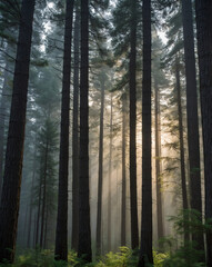 Obraz premium Misty Morning in Untouched Pine Forest