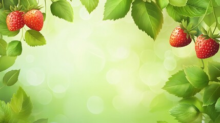 Strawberries and Green Leaves on Bokeh Background