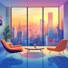 Fototapeta premium Modern apartment with cityscape sunrise view.