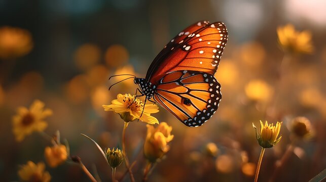 Monarch butterfly rests gently on a yellow flower