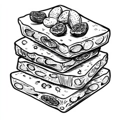 Stack of four delicious, hand-drawn nougat bars with almonds and figs.