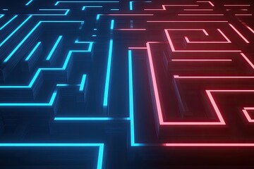 Obraz premium Abstract maze with vibrant neon lines. Complex network of paths in a 3D design. Deep colours of blue and red