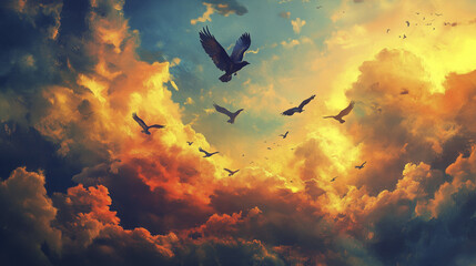 Birds are flying amidst colorful, dramatic clouds during a sunset or sunrise. The sky has deep blue, orange, and yellow hues, creating a contrast with the silhouettes of the birds.