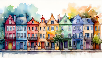 Naklejka premium A vibrant watercolor illustration depicting a row of colorful narrow houses with windows, doors, balconies, and trees