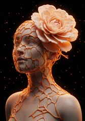 Ethereal fusion: A sculpted visage veiled in latticework, adorned with a peach bloom, bathed in soft luminescence amidst a cosmic black backdrop