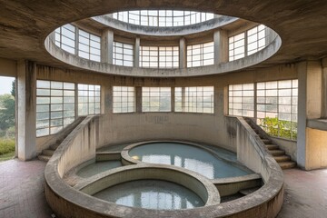 Circular, concrete structure with tiered pools and skylights,  abandoned,  modernist