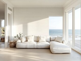A white couch with pillows on it sits in front of a window overlooking the ocean. A potted plant is on a table in front of the couch