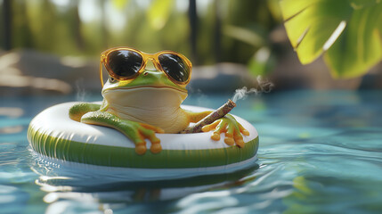 A frog wearing sunglasses smokes a cigar while relaxing on an inflatable ring in a swimming pool. The background is blurred, displaying a leisurely summer scene.