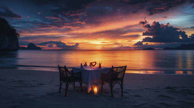 A dinner setup for two is on a sandy beach at sunset, with chairs, a table covered with a cloth, glassware, and a heart decoration, against the backdrop of a colorful sky and calm sea. - Powered by Adobe