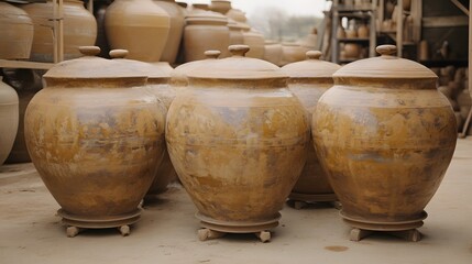 Large Brown Clay Pots with Lids Outdoor Setting