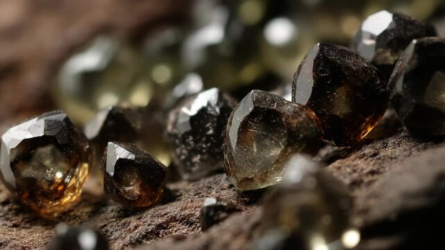 Macro shot showcasing raw, uncut black diamonds resting on a textured brown surface, highlighting their crystalline structure and earthy tones.