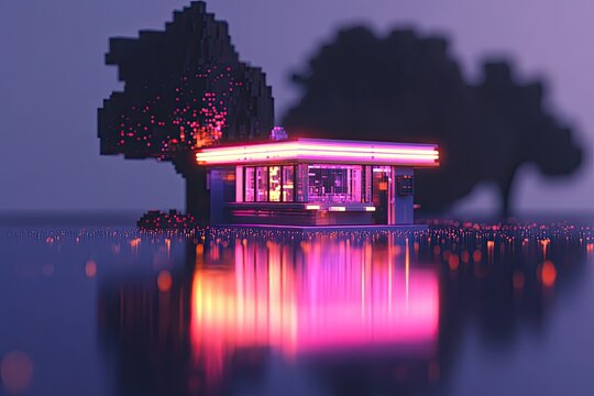 Low-poly diner at twilight, neon glow reflected in water, pixelated trees - Powered by Adobe