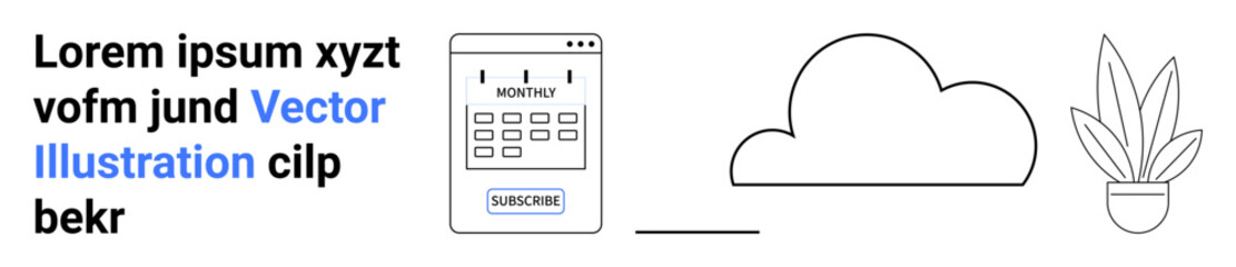 Mobile calendar interface, cloud graphic, and potted plant. Ideal for online service promotion, productivity, organization, collaboration, scheduling, subscription sign-ups flat landing page banner