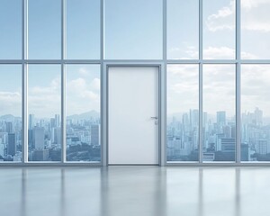 White Door and Cityscape View from Modern Office Window