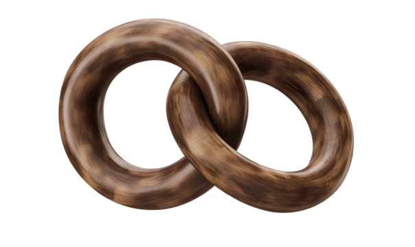 A simple clipart of an animated chain, a solid wooden link in the shape of two interlocking rings