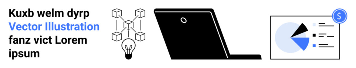 Blockchain diagram with connected nodes, laptop illustration, and financial chart with data insights. Ideal for technology, finance, blockchain, innovation, analytics, business strategy simple