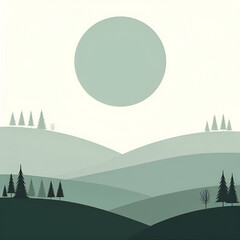 Minimalist Pine Forest Landscape with Green Moon – Atmospheric Nature Art