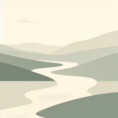 Minimalist River Landscape with Rolling Hills – Soft Earth Tone Art