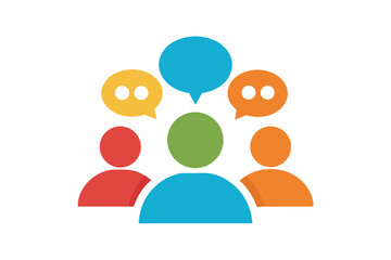 Group Conversation Icon: A simple and colorful icon representing a group of people engaged in a lively conversation, with speech bubbles above their heads. The icon symbolizes communication.
