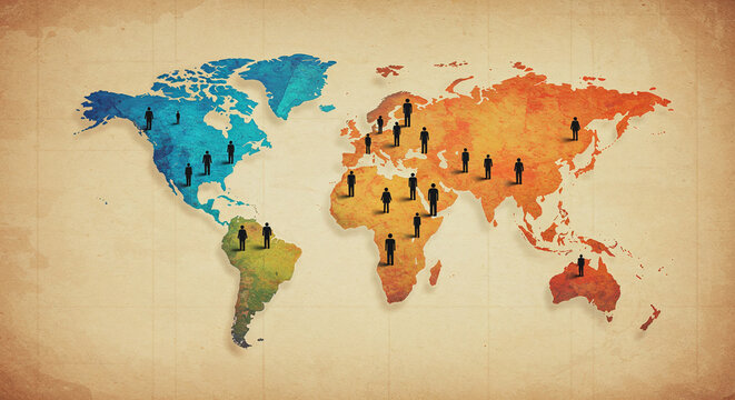 Abstract World Map with Silhouetted Human Figures Representing Global Population