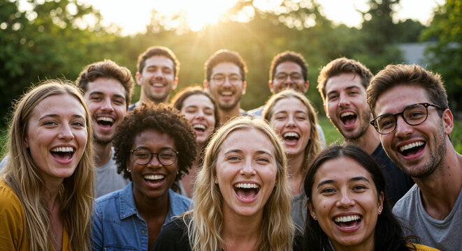 Joyful Diverse Group of Young Adults Taking a photo Outdoors in Sunlight