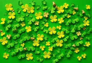 Naklejka premium Flat lay of shamrocks and clovers on a green background, ample copy space, flatlay, graphic