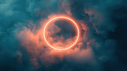 Obraz premium Glowing orange neon circle in dark smoky clouds.