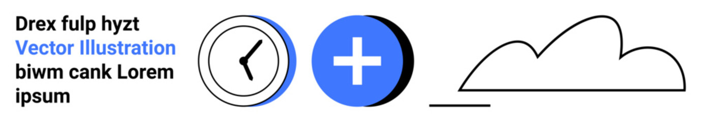Clock face, blue plus sign, and black cloud outline represent time management, collaboration, and technology. Ideal for productivity tools, cloud computing, teamwork, scheduling data sharing