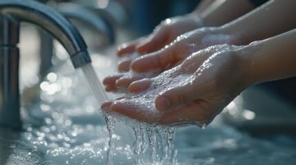 Fototapeta premium Close-up of hands washing with soap and water at a public sink.